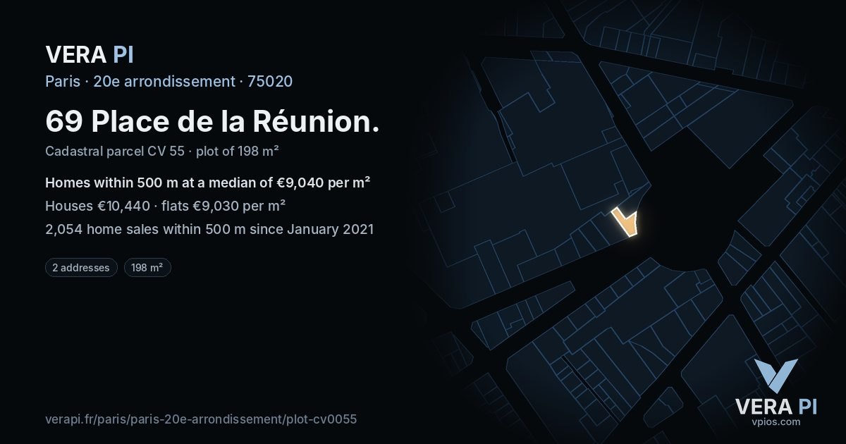 69 Place de la Réunion, 20e arrondissement at night – the plot lit, the parcels around coloured by the prices near them