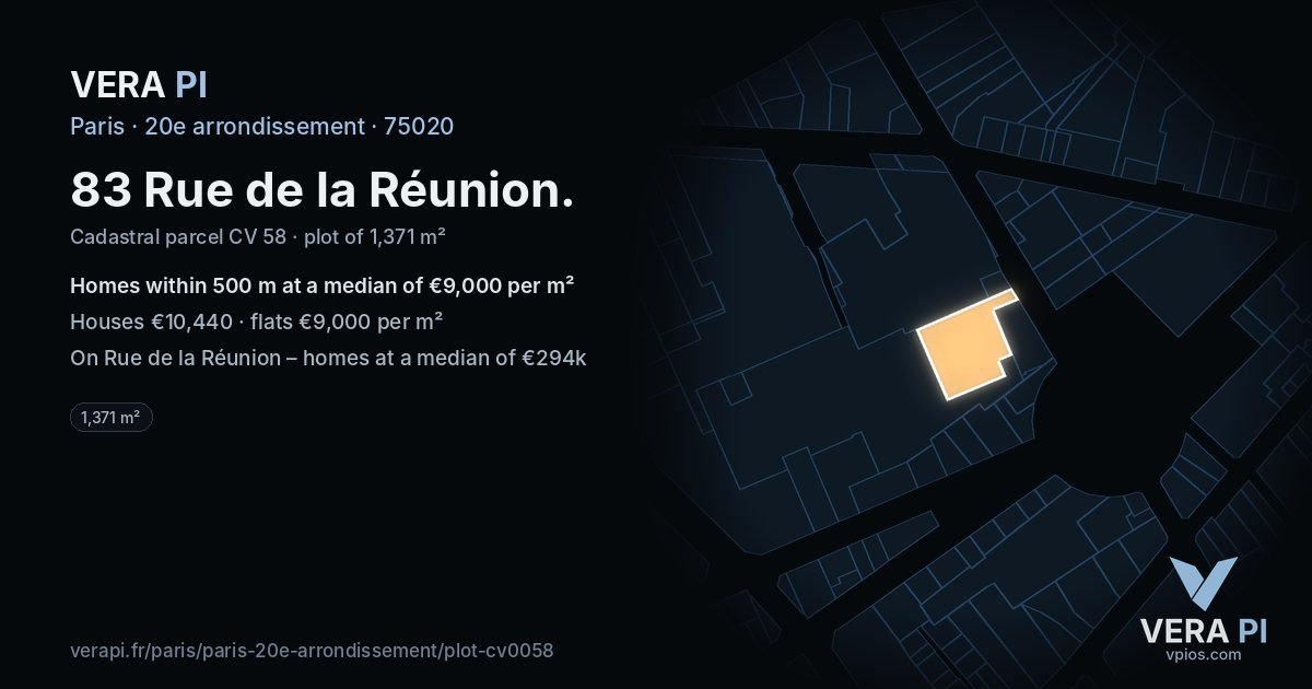 83 Rue de la Réunion, 20e arrondissement at night – the plot lit, the parcels around coloured by the prices near them