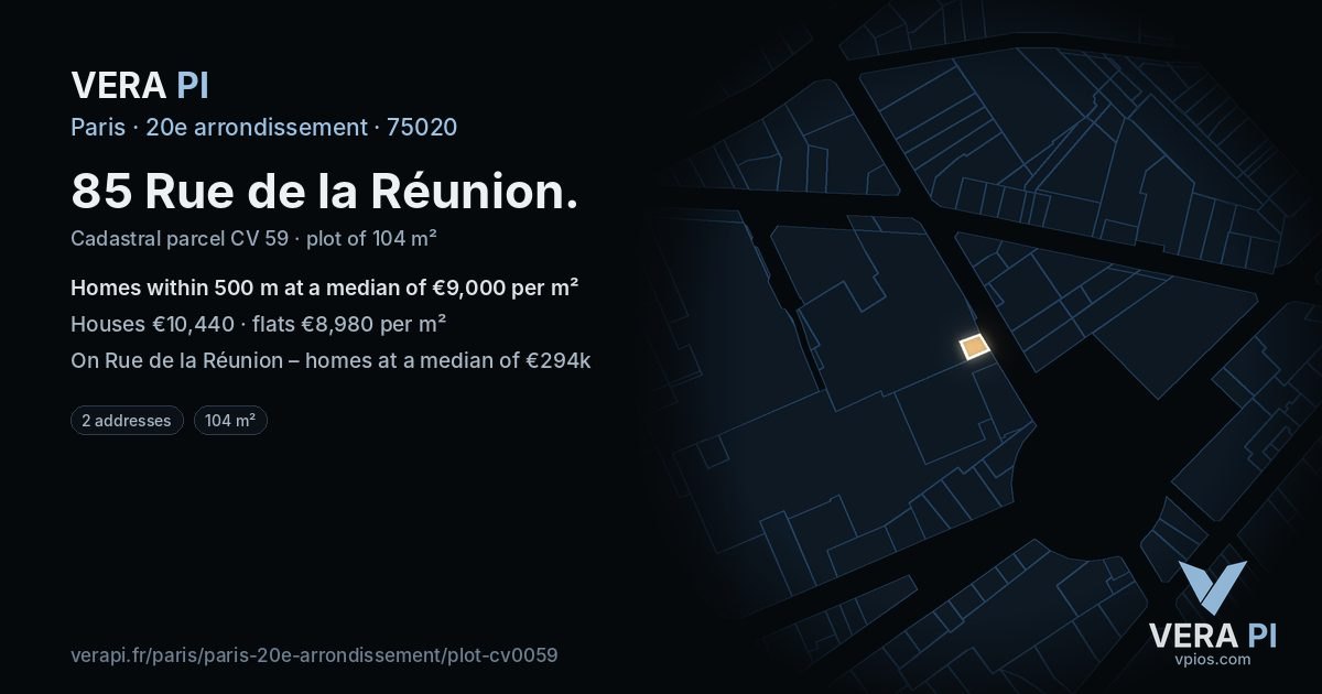 85 Rue de la Réunion, 20e arrondissement at night – the plot lit, the parcels around coloured by the prices near them