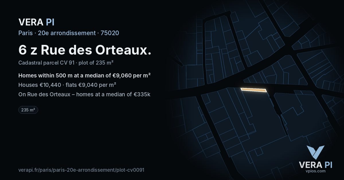 6 z Rue des Orteaux, 20e arrondissement at night – the plot lit, the parcels around coloured by the prices near them