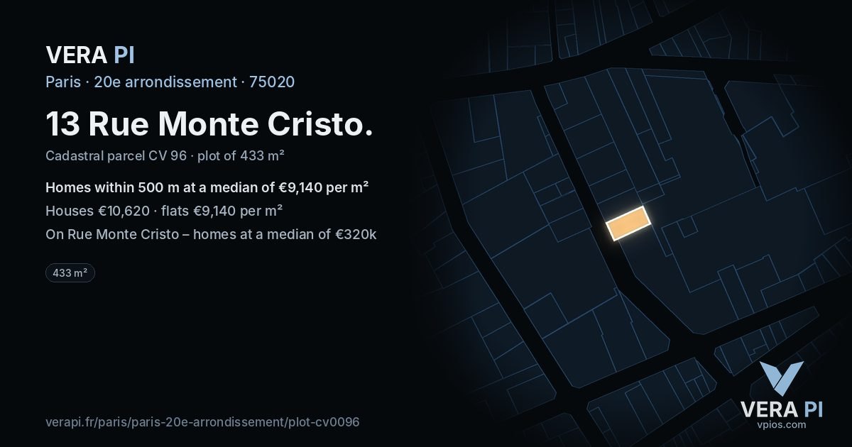 13 Rue Monte Cristo, 20e arrondissement at night – the plot lit, the parcels around coloured by the prices near them