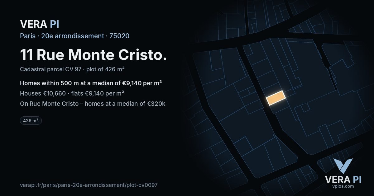 11 Rue Monte Cristo, 20e arrondissement at night – the plot lit, the parcels around coloured by the prices near them