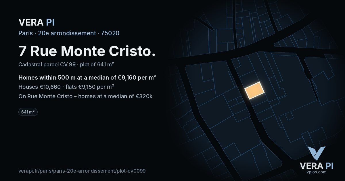 7 Rue Monte Cristo, 20e arrondissement at night – the plot lit, the parcels around coloured by the prices near them