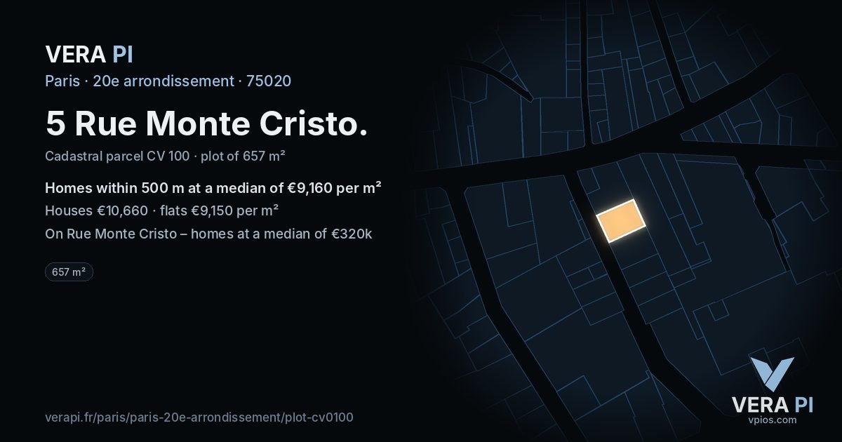 5 Rue Monte Cristo, 20e arrondissement at night – the plot lit, the parcels around coloured by the prices near them