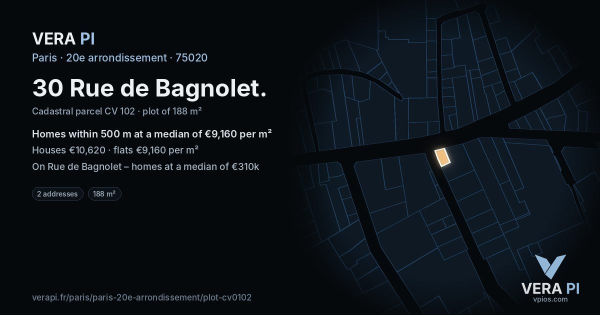 30 Rue de Bagnolet, 20e arrondissement at night – the plot lit, the parcels around coloured by the prices near them
