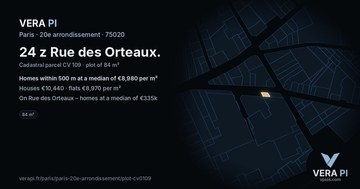 24 z Rue des Orteaux, 20e arrondissement at night – the plot lit, the parcels around coloured by the prices near them