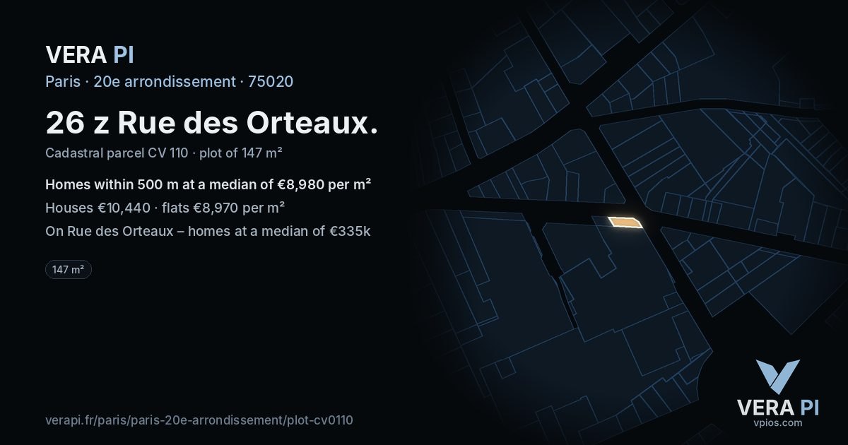 26 z Rue des Orteaux, 20e arrondissement at night – the plot lit, the parcels around coloured by the prices near them