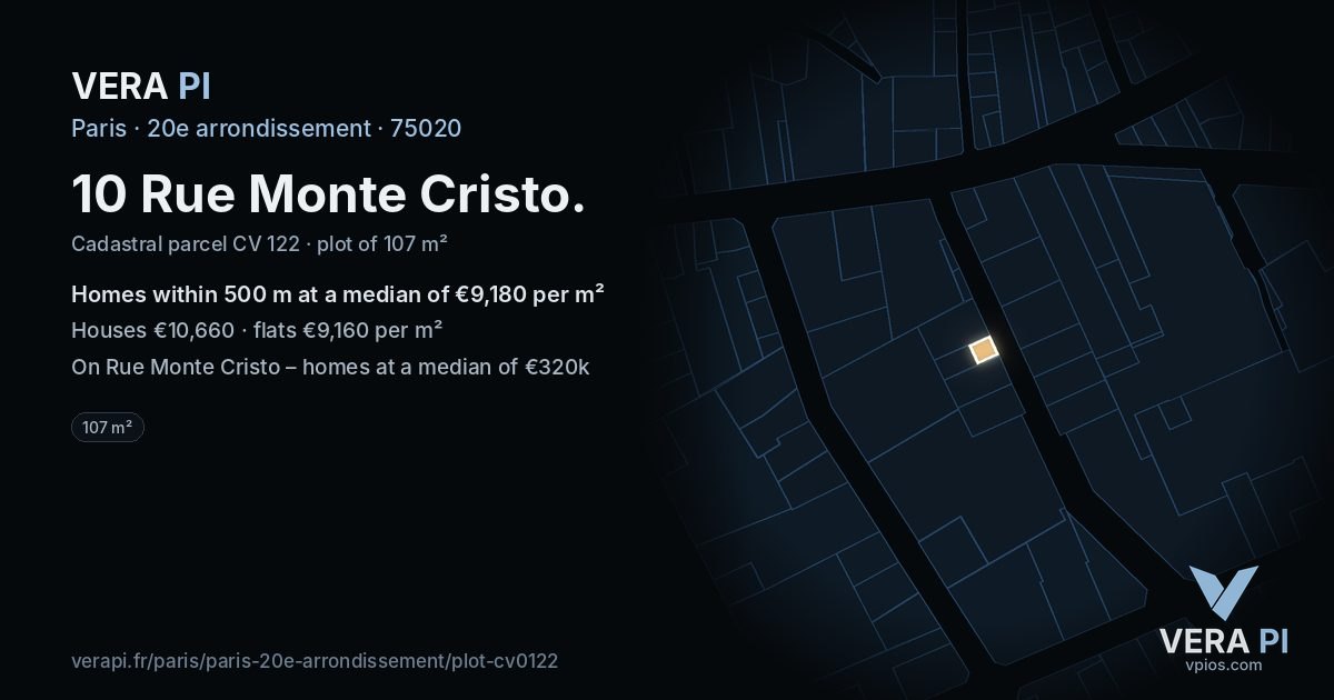 10 Rue Monte Cristo, 20e arrondissement at night – the plot lit, the parcels around coloured by the prices near them