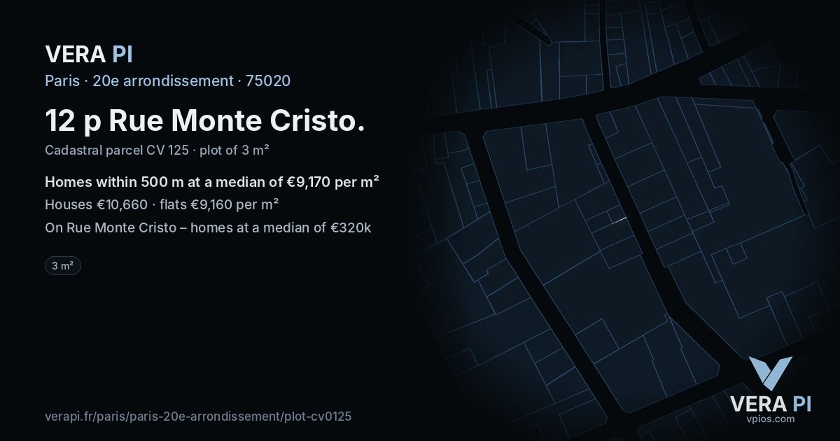12 p Rue Monte Cristo, 20e arrondissement at night – the plot lit, the parcels around coloured by the prices near them