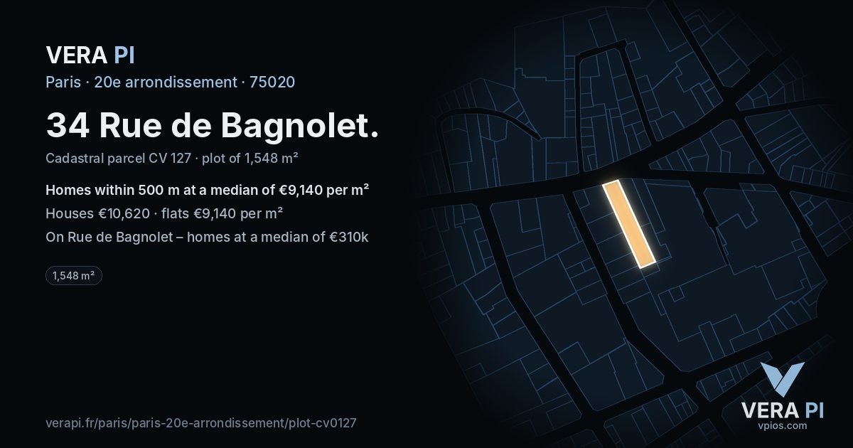 34 Rue de Bagnolet, 20e arrondissement at night – the plot lit, the parcels around coloured by the prices near them