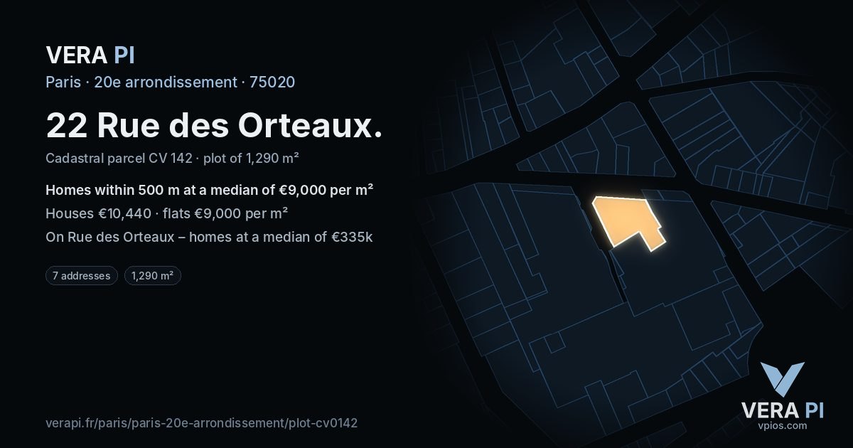 22 Rue des Orteaux, 20e arrondissement at night – the plot lit, the parcels around coloured by the prices near them