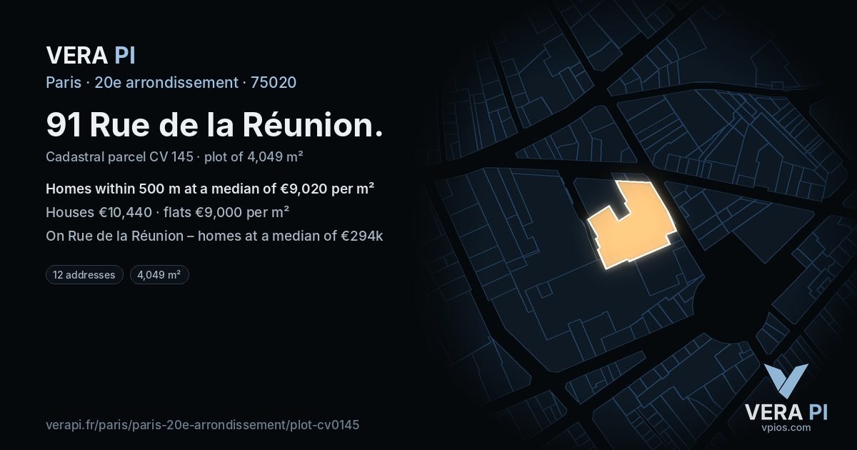 91 Rue de la Réunion, 20e arrondissement at night – the plot lit, the parcels around coloured by the prices near them