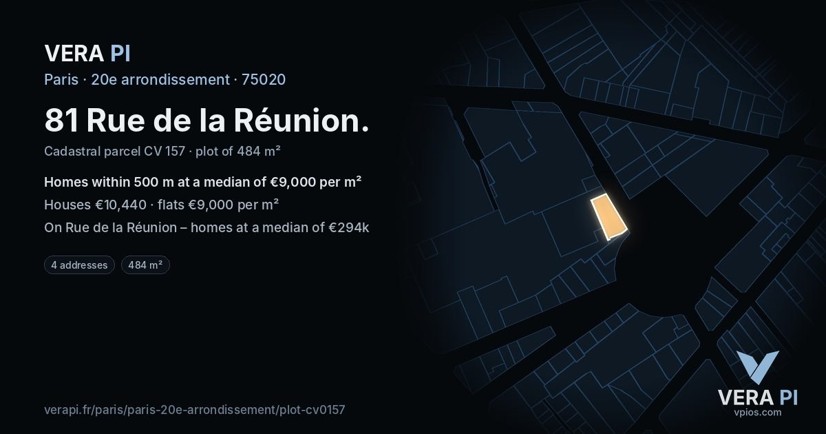 81 Rue de la Réunion, 20e arrondissement at night – the plot lit, the parcels around coloured by the prices near them