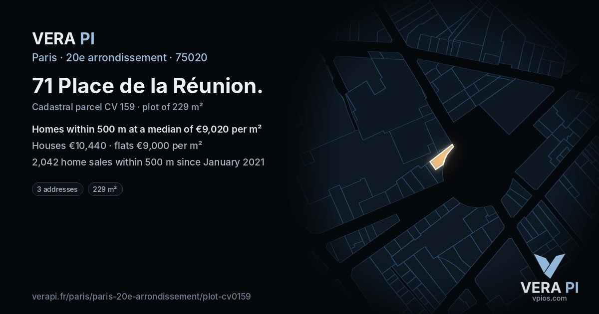 71 Place de la Réunion, 20e arrondissement at night – the plot lit, the parcels around coloured by the prices near them