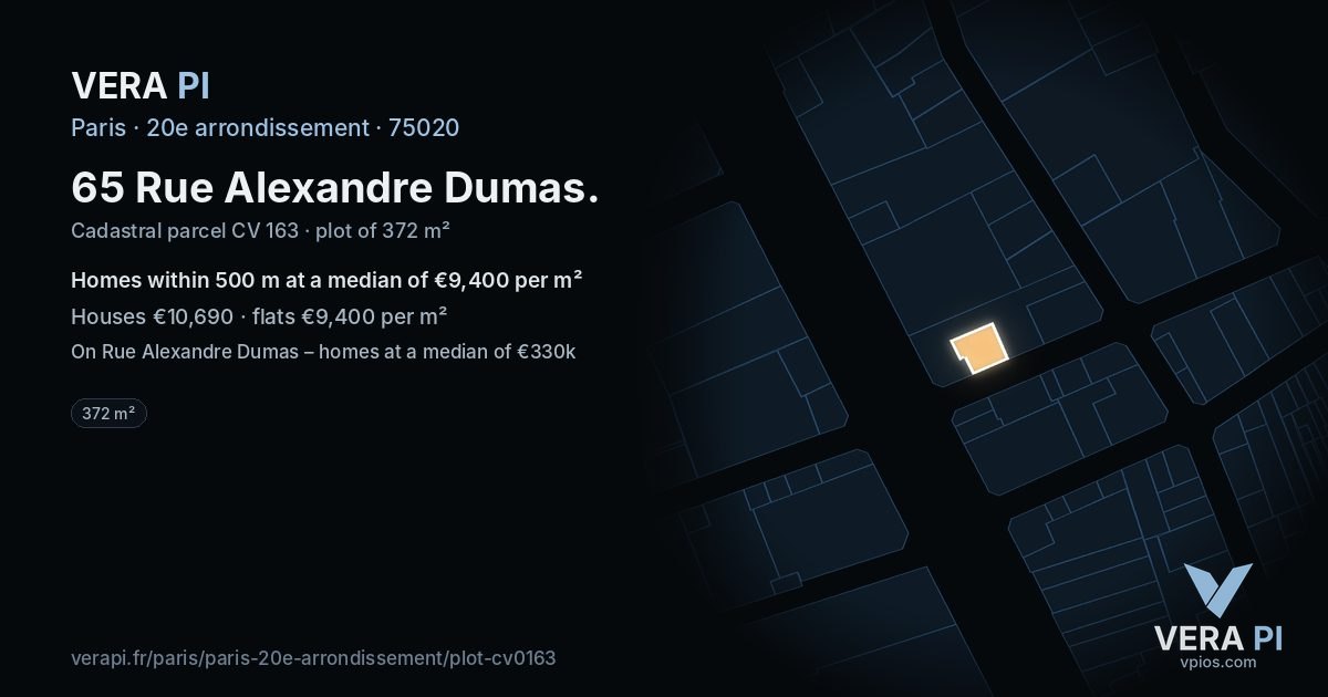 65 Rue Alexandre Dumas, 20e arrondissement at night – the plot lit, the parcels around coloured by the prices near them