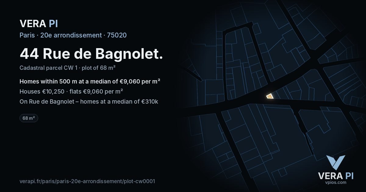 44 Rue de Bagnolet, 20e arrondissement at night – the plot lit, the parcels around coloured by the prices near them
