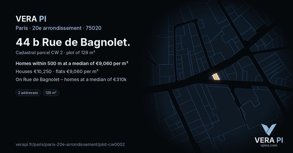 44 b Rue de Bagnolet, 20e arrondissement at night – the plot lit, the parcels around coloured by the prices near them