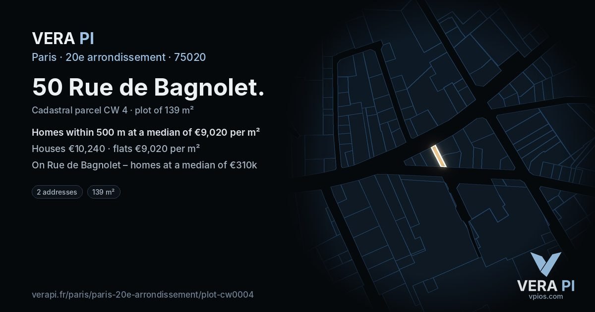 50 Rue de Bagnolet, 20e arrondissement at night – the plot lit, the parcels around coloured by the prices near them
