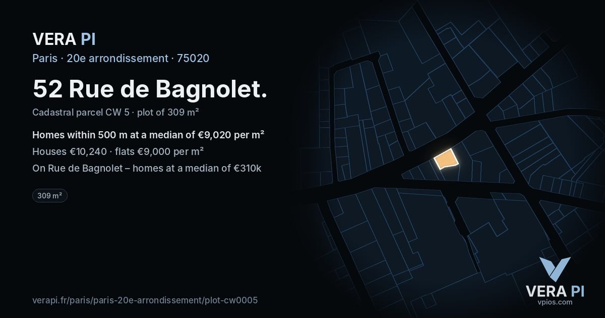 52 Rue de Bagnolet, 20e arrondissement at night – the plot lit, the parcels around coloured by the prices near them