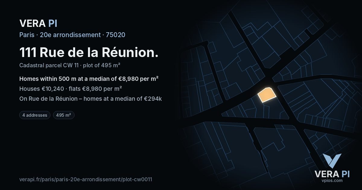 111 Rue de la Réunion, 20e arrondissement at night – the plot lit, the parcels around coloured by the prices near them