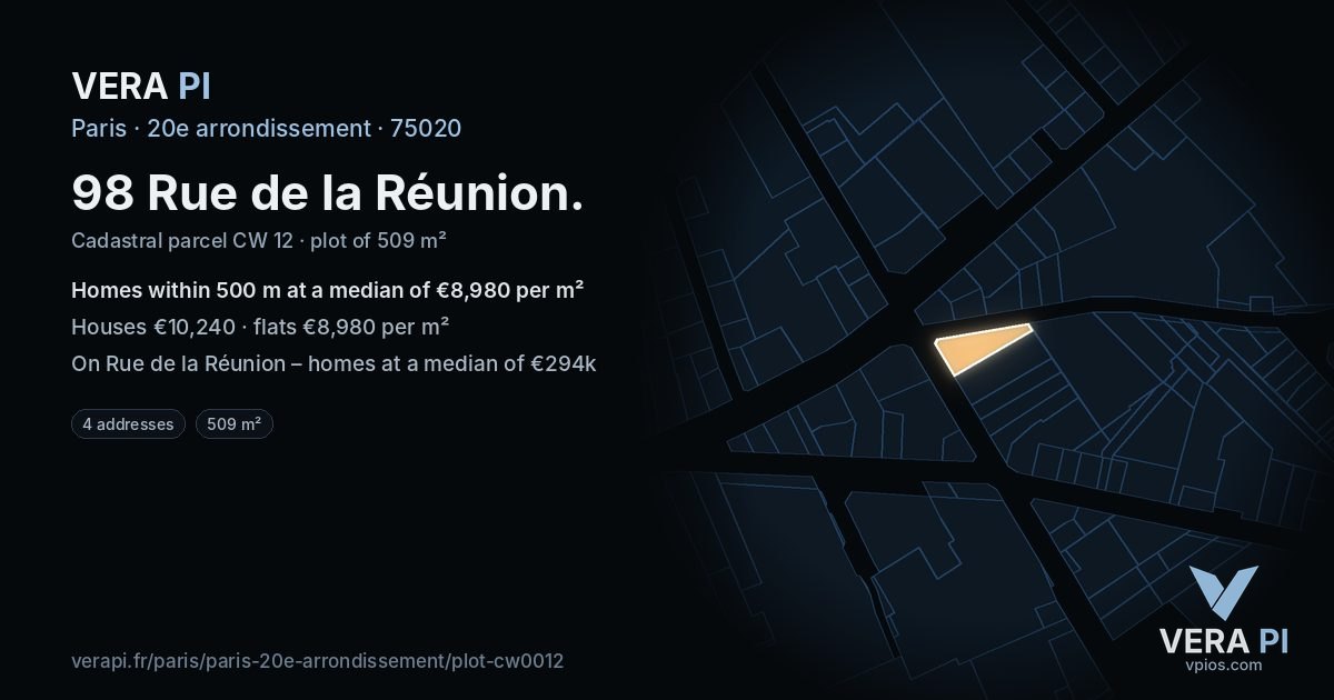 98 Rue de la Réunion, 20e arrondissement at night – the plot lit, the parcels around coloured by the prices near them