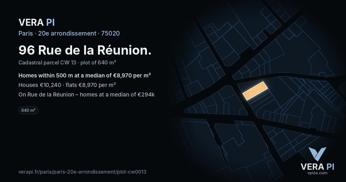 96 Rue de la Réunion, 20e arrondissement at night – the plot lit, the parcels around coloured by the prices near them