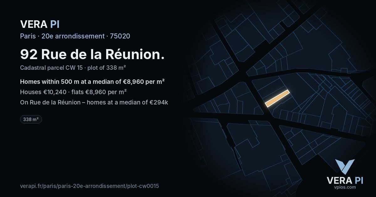 92 Rue de la Réunion, 20e arrondissement at night – the plot lit, the parcels around coloured by the prices near them