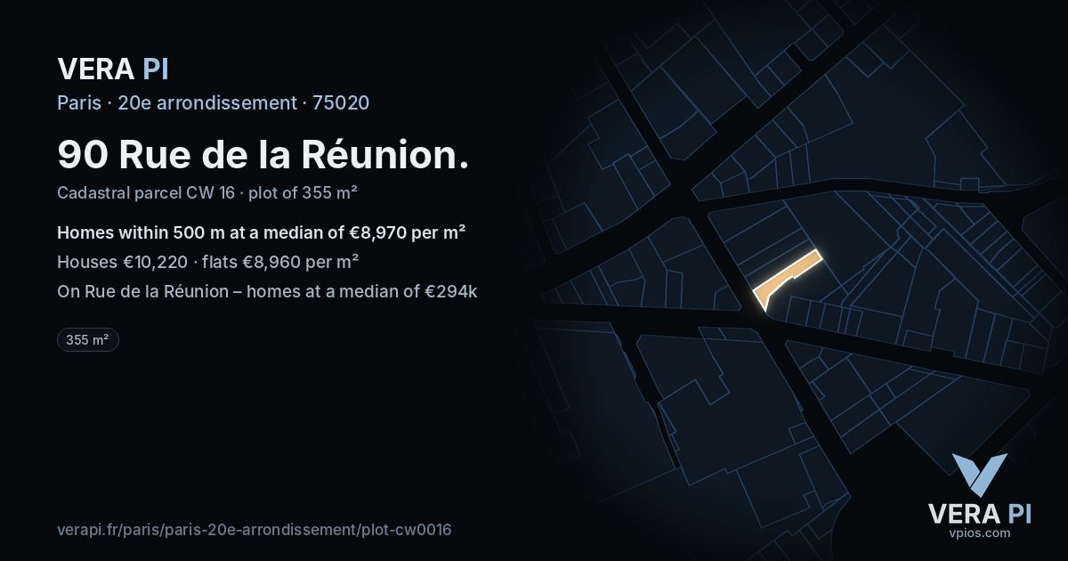 90 Rue de la Réunion, 20e arrondissement at night – the plot lit, the parcels around coloured by the prices near them