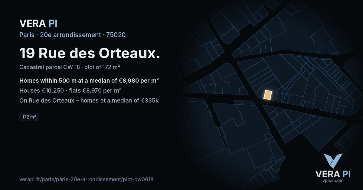 19 Rue des Orteaux, 20e arrondissement at night – the plot lit, the parcels around coloured by the prices near them