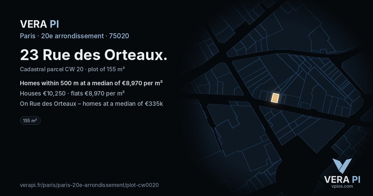 23 Rue des Orteaux, 20e arrondissement at night – the plot lit, the parcels around coloured by the prices near them