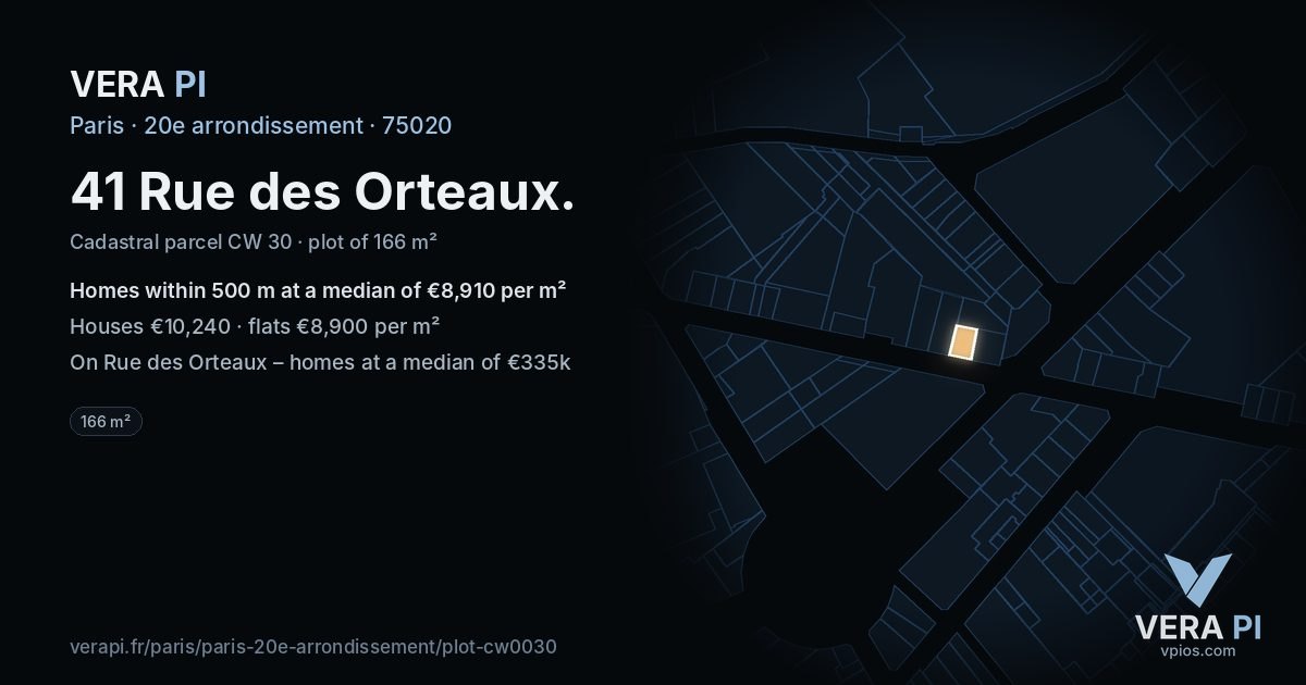 41 Rue des Orteaux, 20e arrondissement at night – the plot lit, the parcels around coloured by the prices near them