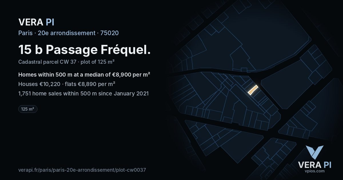 15 b Passage Fréquel, 20e arrondissement at night – the plot lit, the parcels around coloured by the prices near them