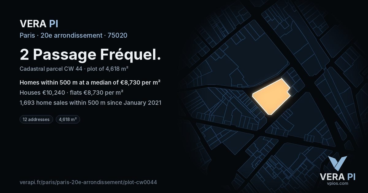 2 Passage Fréquel, 20e arrondissement at night – the plot lit, the parcels around coloured by the prices near them