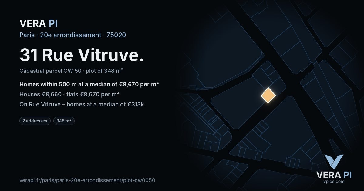 31 Rue Vitruve, 20e arrondissement at night – the plot lit, the parcels around coloured by the prices near them
