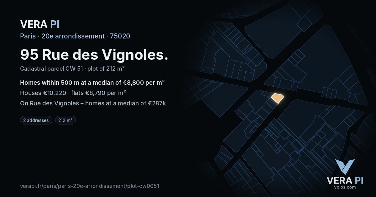 95 Rue des Vignoles, 20e arrondissement at night – the plot lit, the parcels around coloured by the prices near them