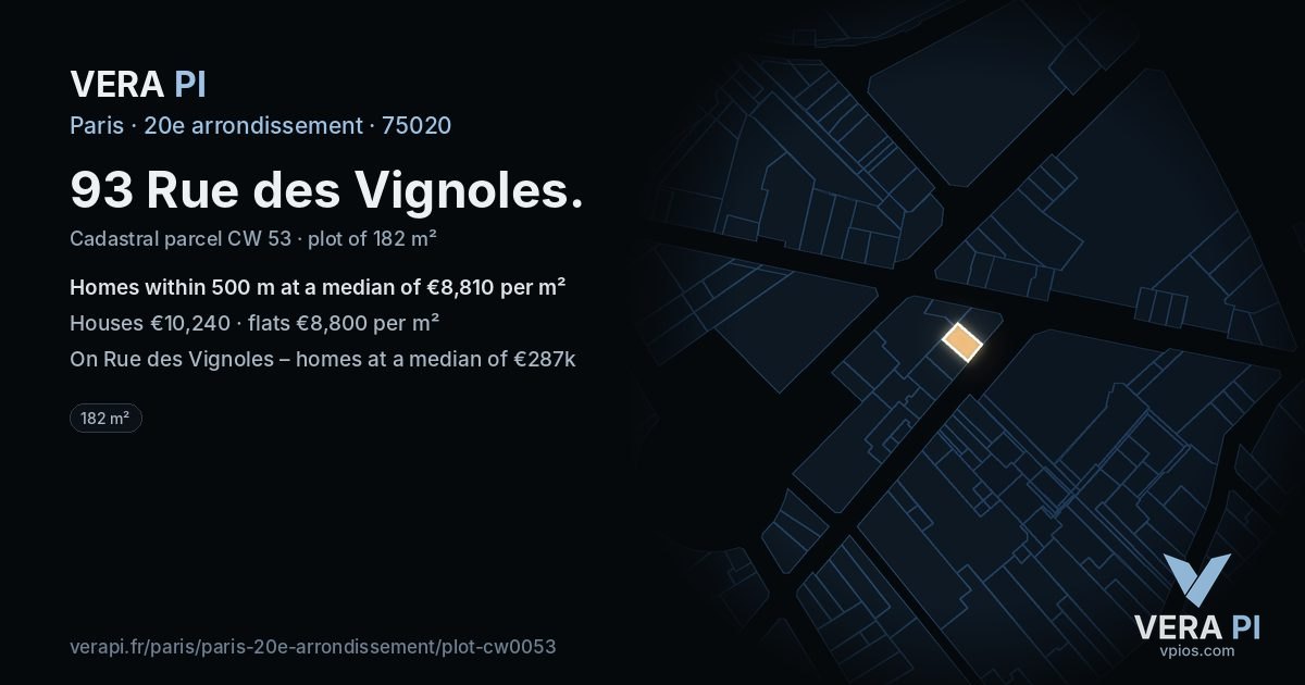 93 Rue des Vignoles, 20e arrondissement at night – the plot lit, the parcels around coloured by the prices near them