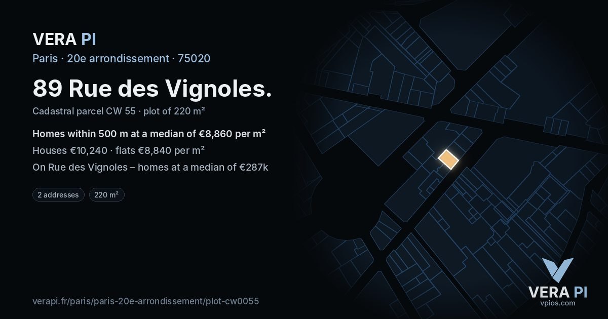 89 Rue des Vignoles, 20e arrondissement at night – the plot lit, the parcels around coloured by the prices near them