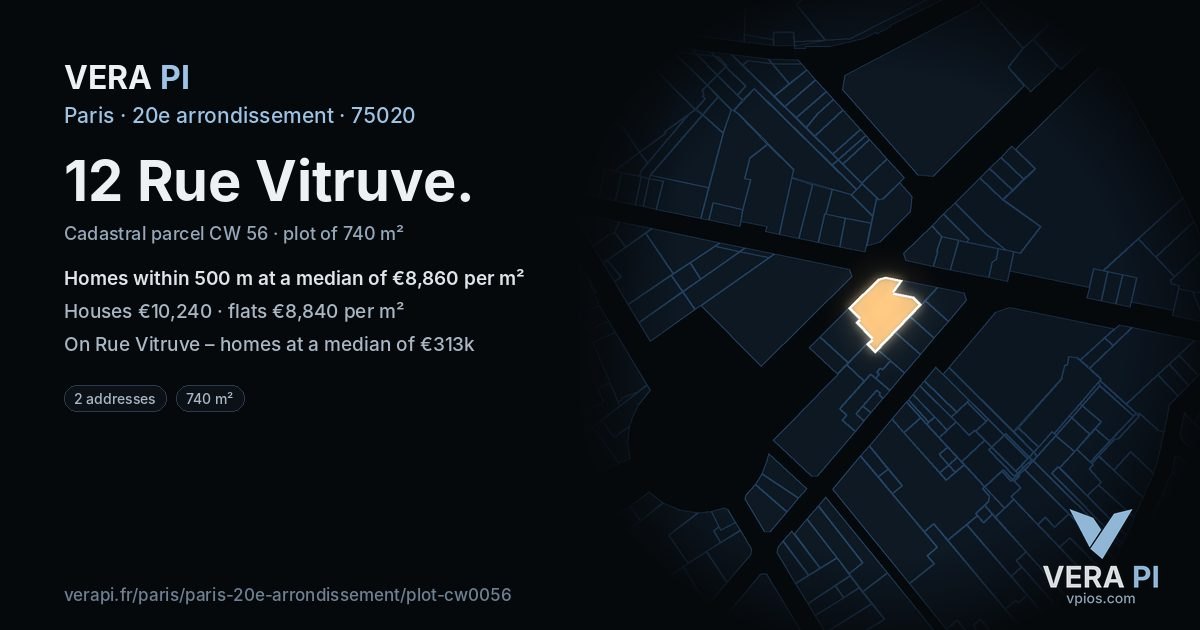12 Rue Vitruve, 20e arrondissement at night – the plot lit, the parcels around coloured by the prices near them
