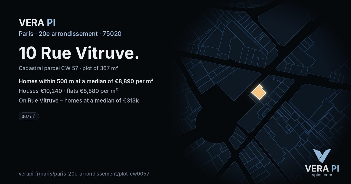 10 Rue Vitruve, 20e arrondissement at night – the plot lit, the parcels around coloured by the prices near them