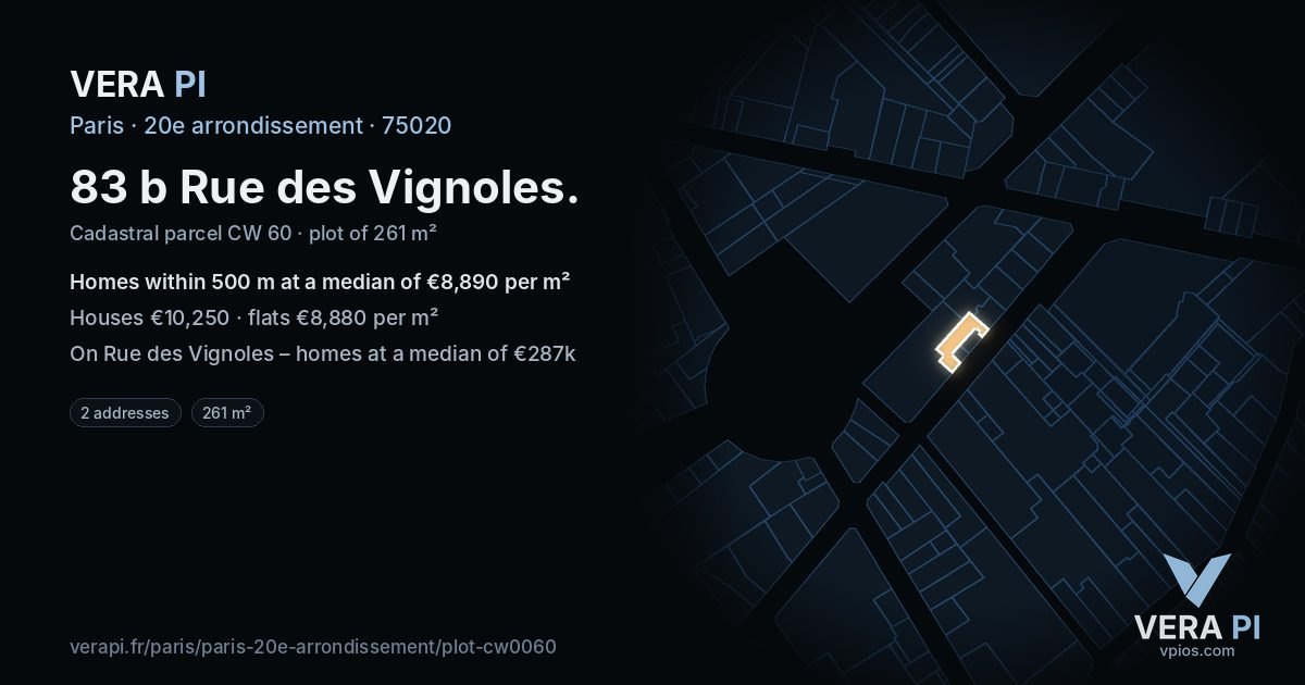 83 b Rue des Vignoles, 20e arrondissement at night – the plot lit, the parcels around coloured by the prices near them
