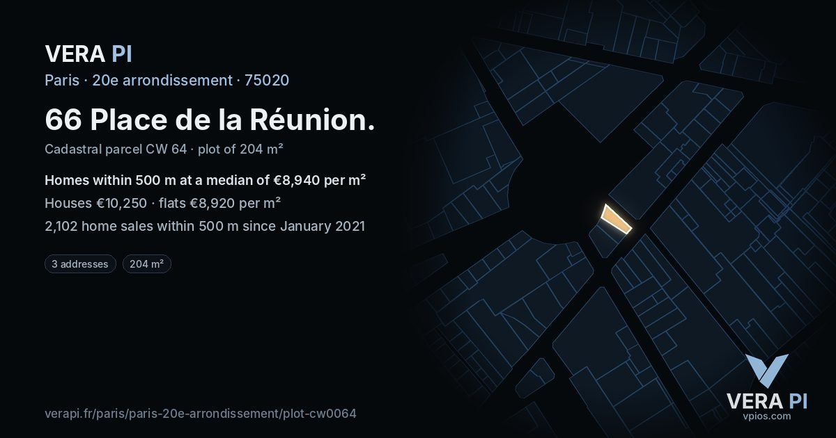 66 Place de la Réunion, 20e arrondissement at night – the plot lit, the parcels around coloured by the prices near them