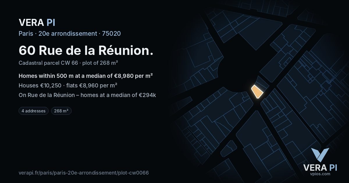 60 Rue de la Réunion, 20e arrondissement at night – the plot lit, the parcels around coloured by the prices near them