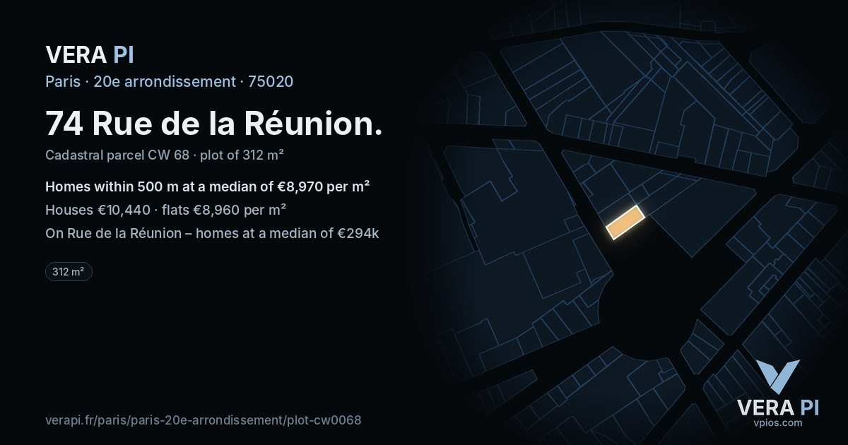 74 Rue de la Réunion, 20e arrondissement at night – the plot lit, the parcels around coloured by the prices near them