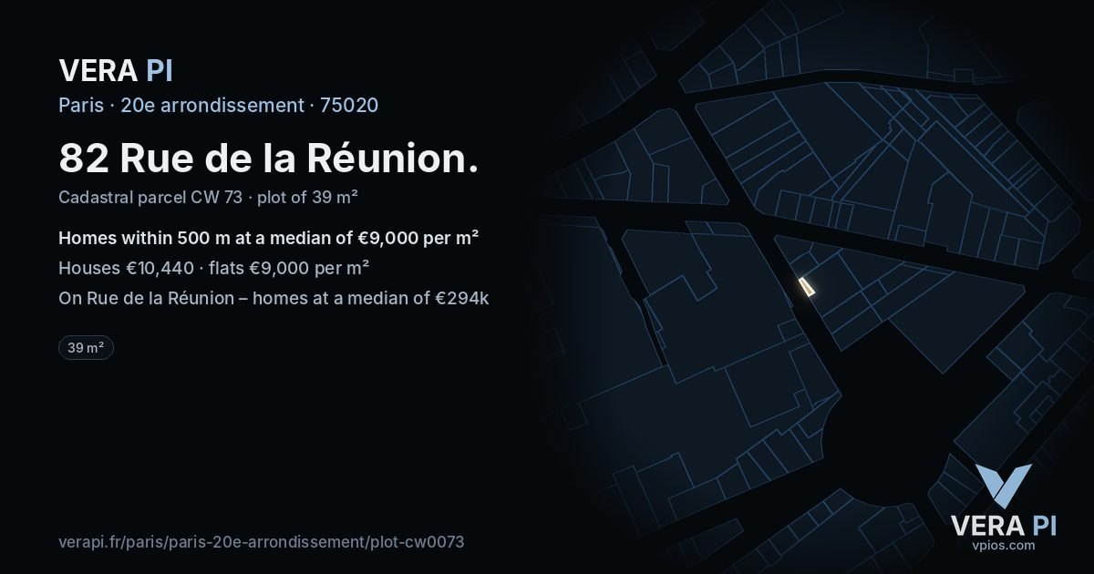 82 Rue de la Réunion, 20e arrondissement at night – the plot lit, the parcels around coloured by the prices near them