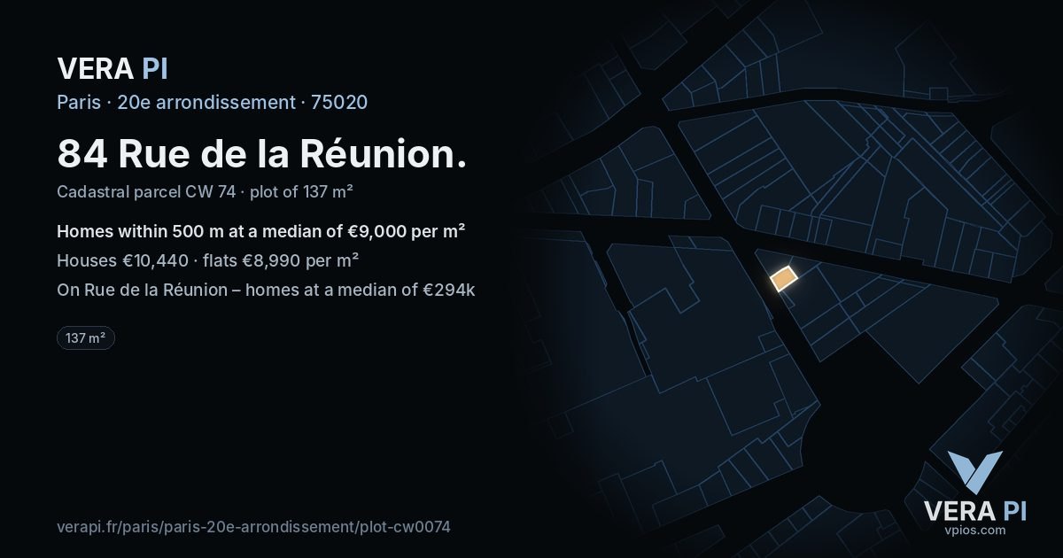 84 Rue de la Réunion, 20e arrondissement at night – the plot lit, the parcels around coloured by the prices near them