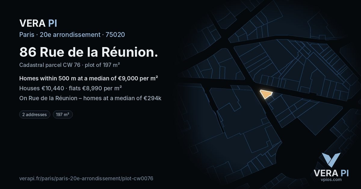 86 Rue de la Réunion, 20e arrondissement at night – the plot lit, the parcels around coloured by the prices near them