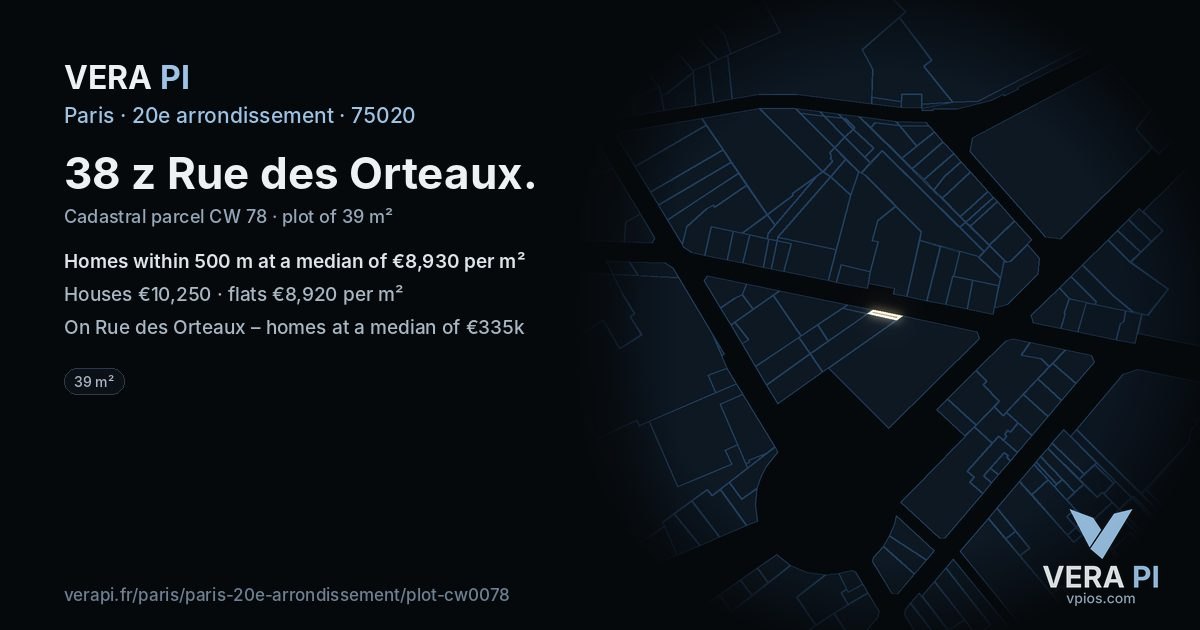 38 z Rue des Orteaux, 20e arrondissement at night – the plot lit, the parcels around coloured by the prices near them