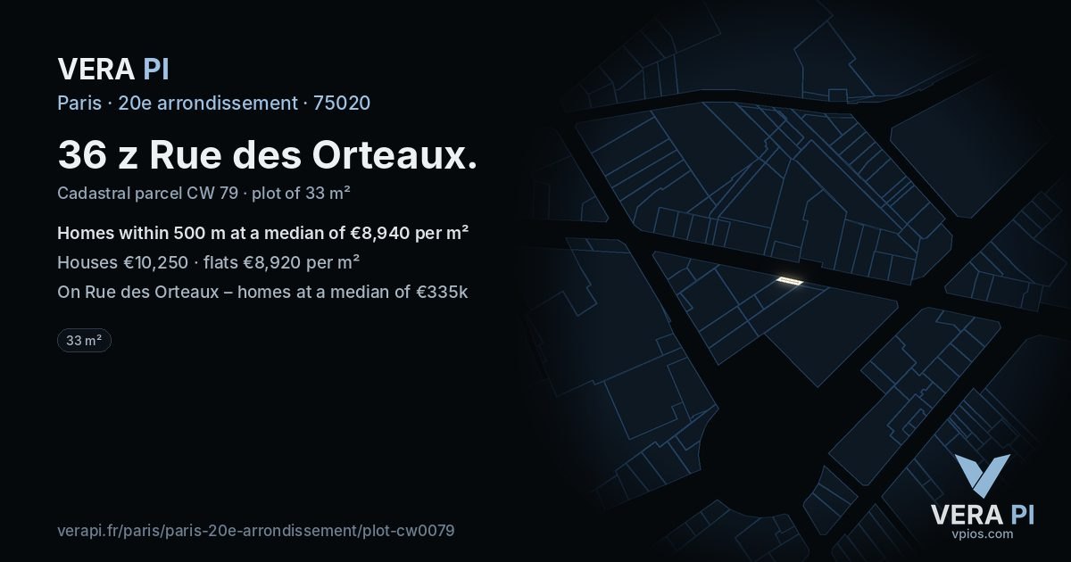 36 z Rue des Orteaux, 20e arrondissement at night – the plot lit, the parcels around coloured by the prices near them