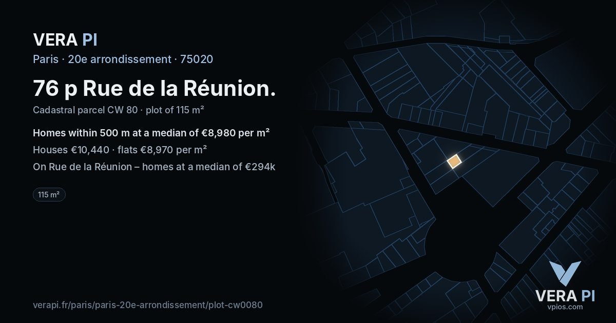76 p Rue de la Réunion, 20e arrondissement at night – the plot lit, the parcels around coloured by the prices near them
