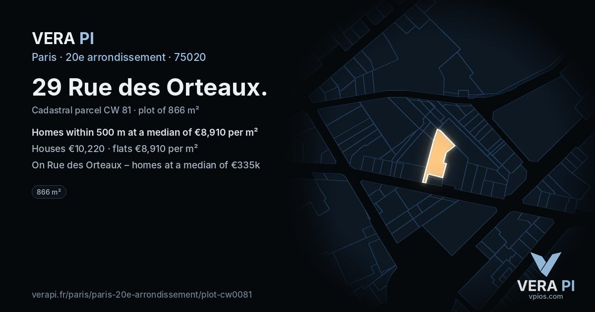 29 Rue des Orteaux, 20e arrondissement at night – the plot lit, the parcels around coloured by the prices near them